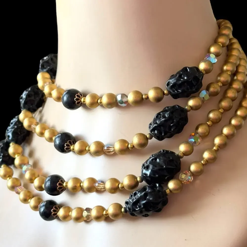 Vintage Earring & Multi Strand Necklace Set Gold & Black Beaded 1950s Japan